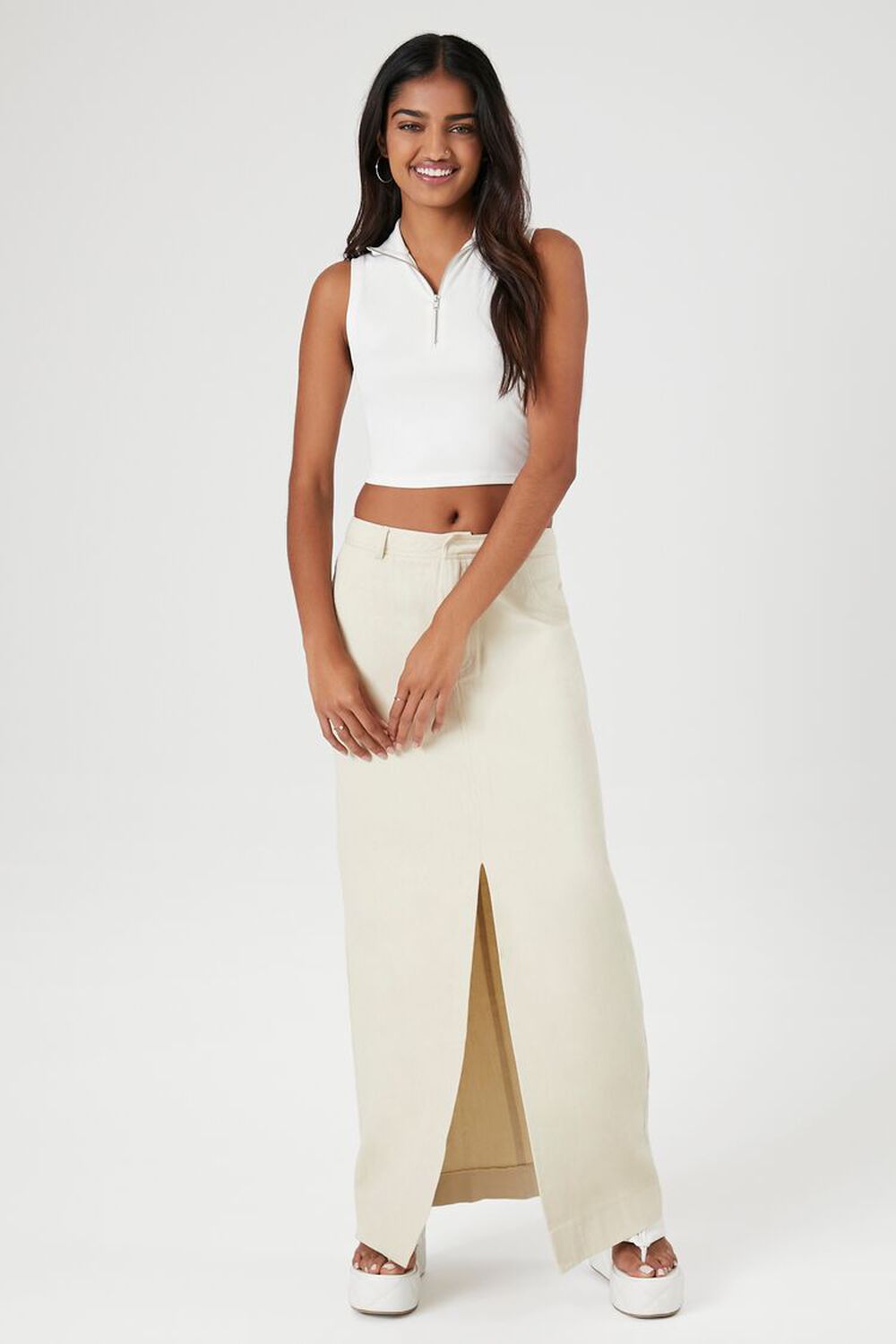 Forever 21 Long Twill Skirt with Split Hem, Ivory