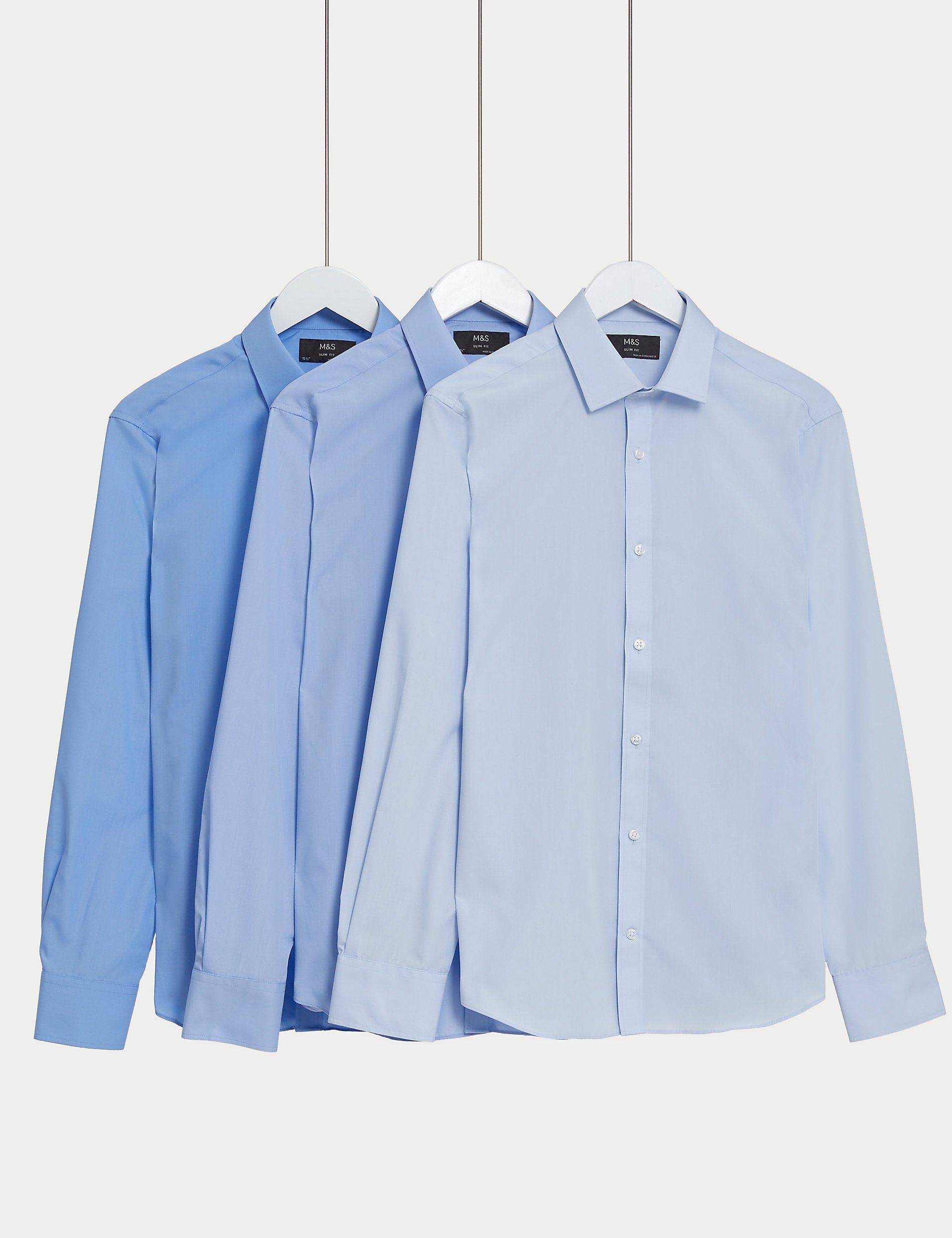 3 Pairs Marks & Spencer Cotton Blend Long Sleeve Slim Fit Shirts, Blue