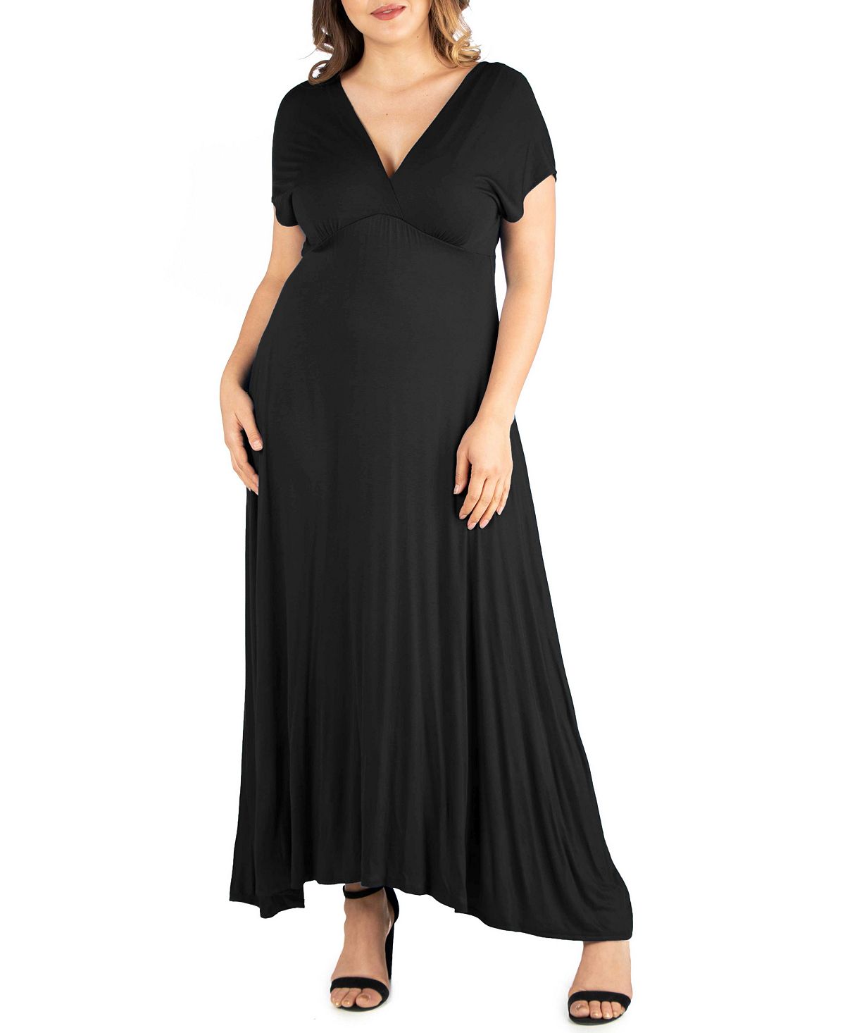 Plus Size V Neck High Waist Maxi Dress 24seven Comfort Apparel ,  black