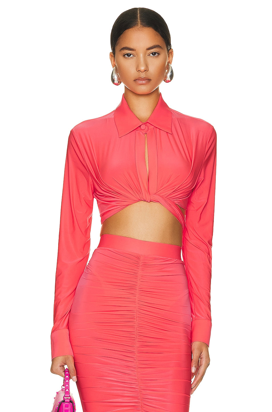 Alex Perry Caden Tie Front Crop Shirt in Strawberry