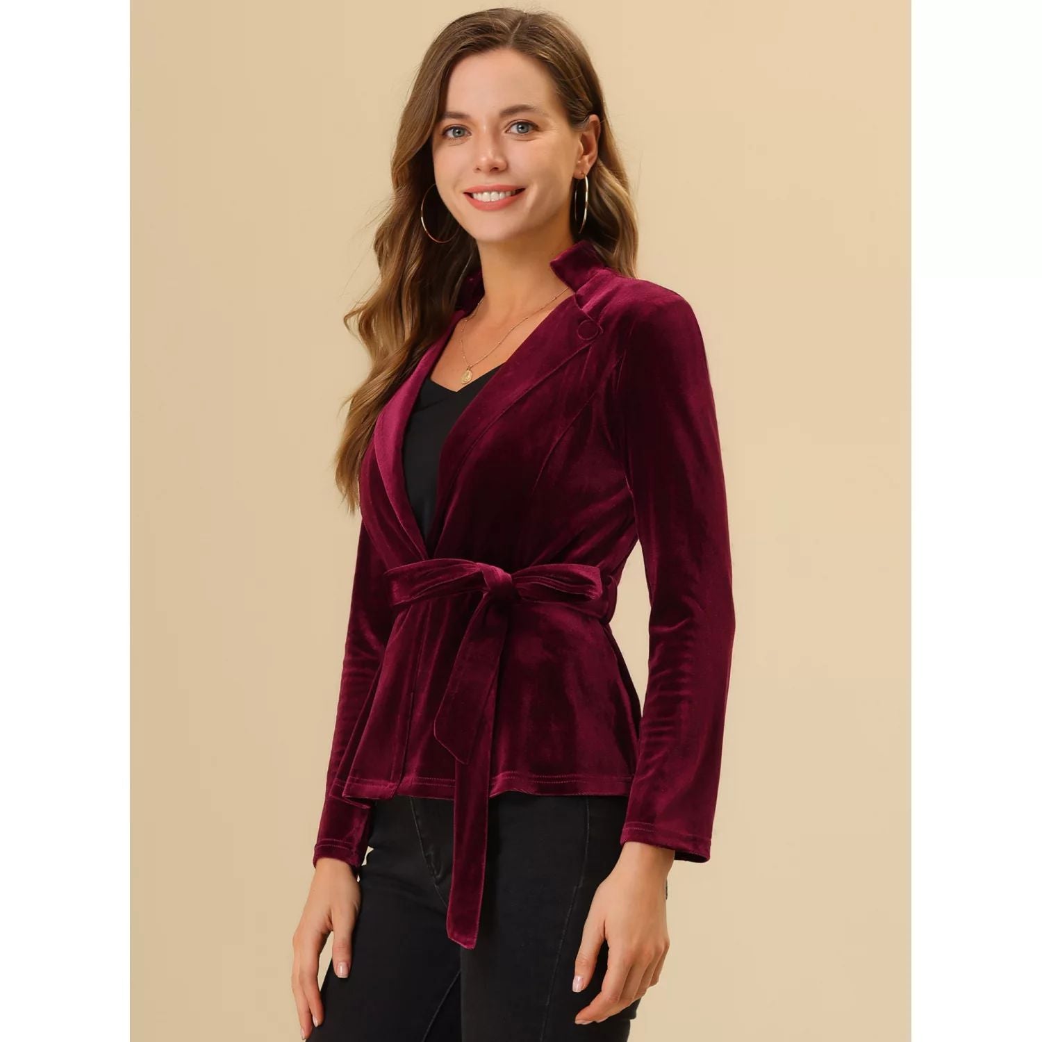 Women's office velvet jacket with belt and notched lapels and long sleeves ALLEGRA K