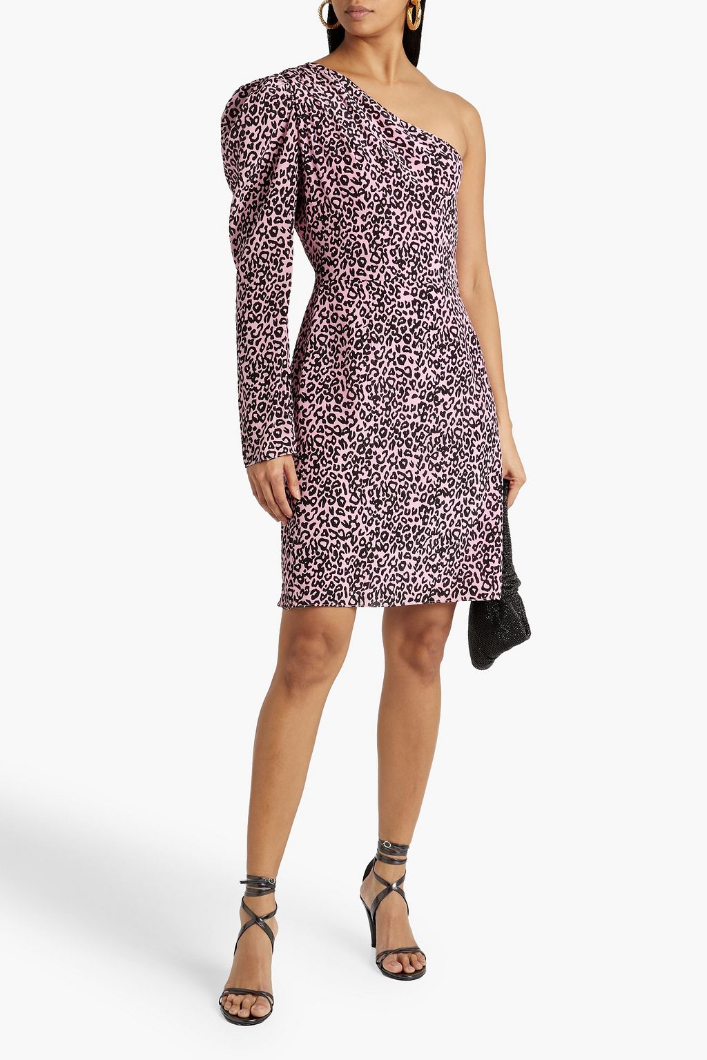 One-shoulder ruffled silk crepe de Chine mini dress in leopard print LES RÊVERIES ,  pink