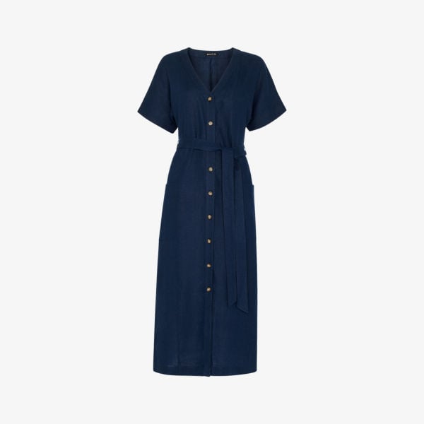 Whistles Linen Belted Button Down Midi Dress, Navy