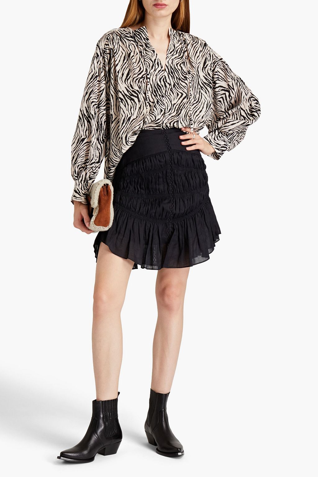 Amba blouse in crepe de Chine with zebra print and ruffles ISABEL MARANT, black