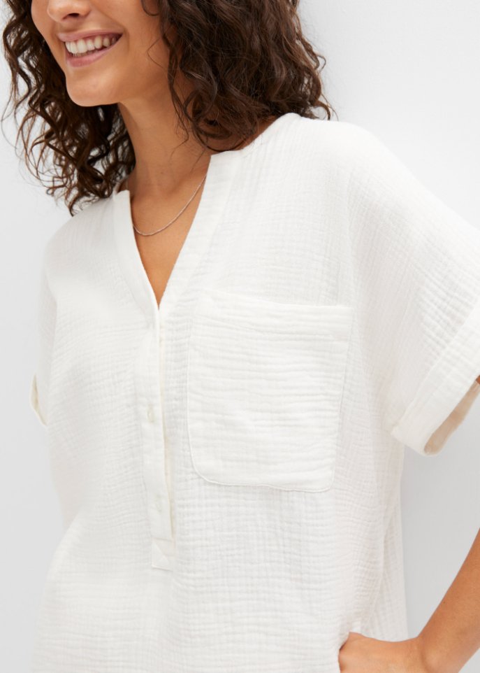 Muslin blouse with button placket and pocket Bpc Bonprix Collection, white