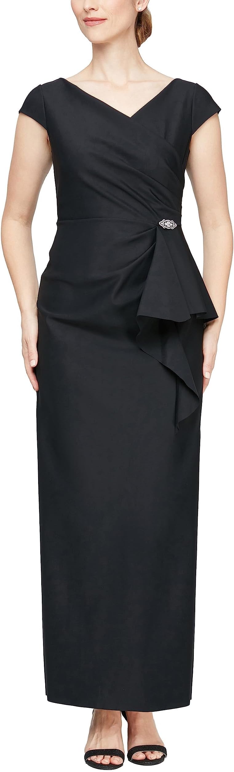 Long scuba dress in stretch fabric with cascading detail at front Alex Evenings Short Sleeve Neckline, Black