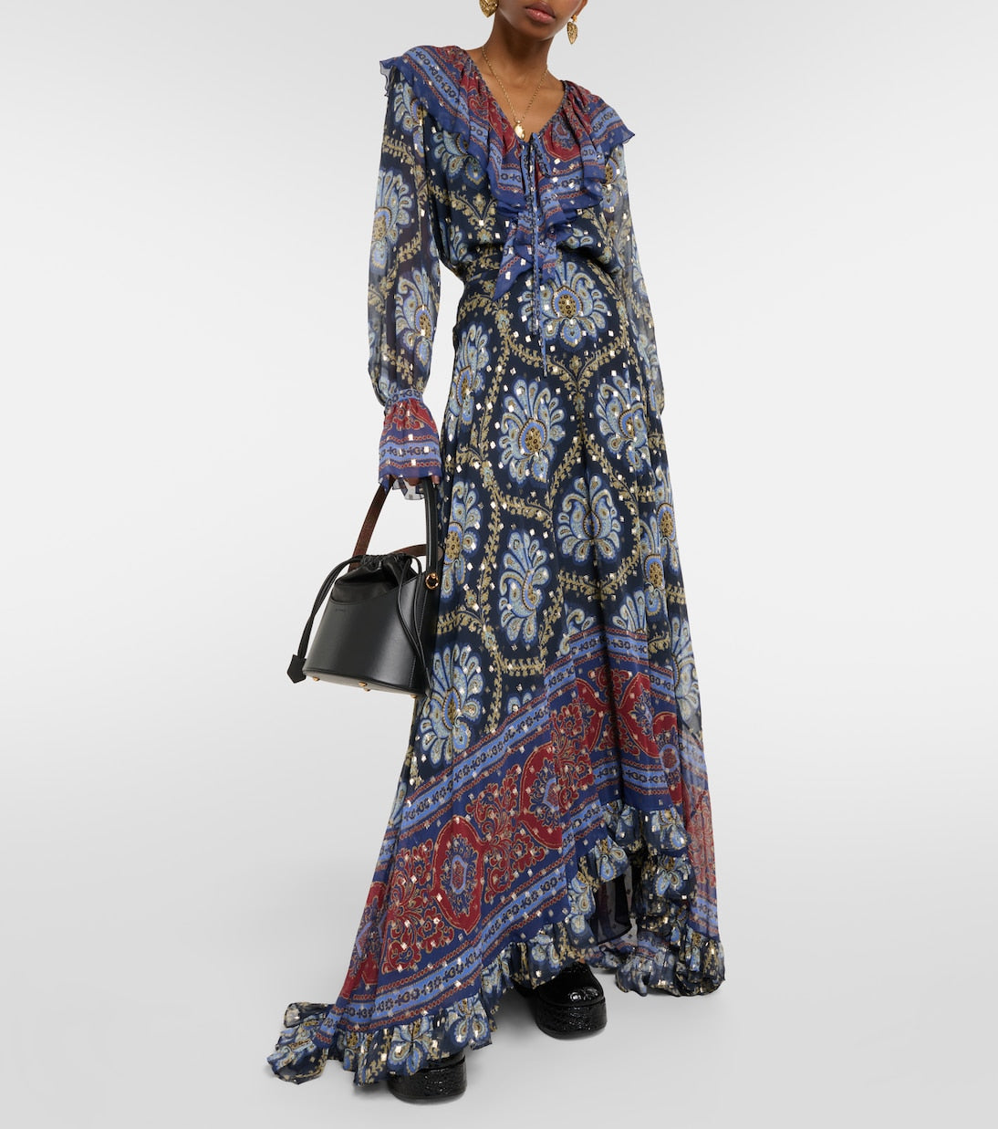 Etro paisley silk jacquard maxi skirt, blue