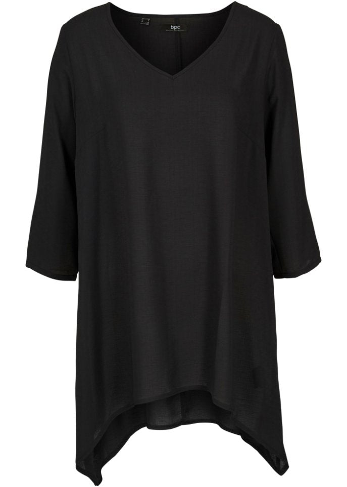 Bonprix Collection Pointed V Neck Wide Tunic with 3/4 Sleeves Bpc Black