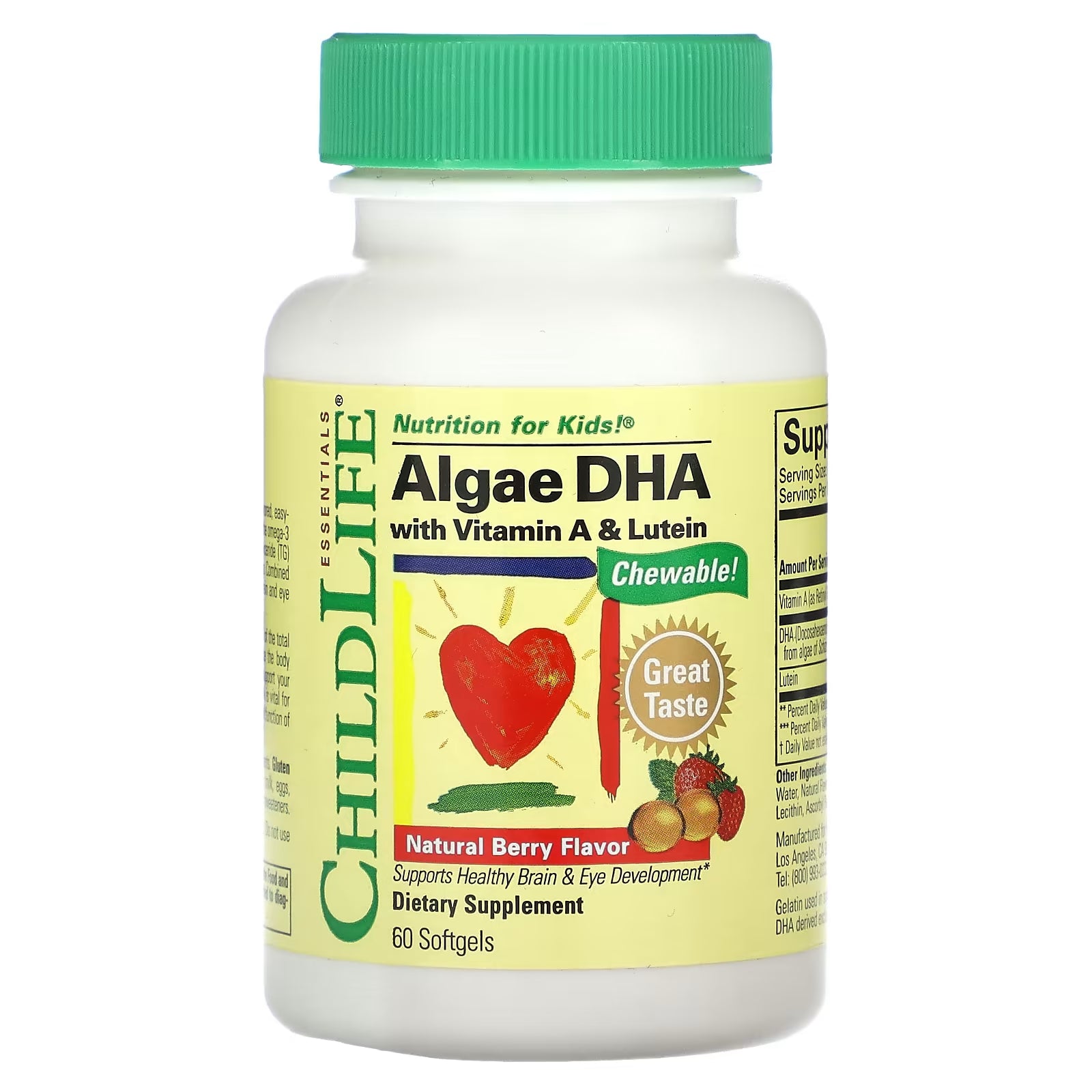 Algae DHA with Vitamin A and Lutein Child  Life Essentials, Natural Berries 60 softgels