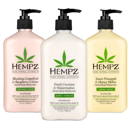 Hempz Moisturizer Set with Sweet Pineapple and Honey Melon fresh coconut and watermelon as well as herbal moisturizing body cream with grapefruit and raspberries 17 oz - pack of 3.