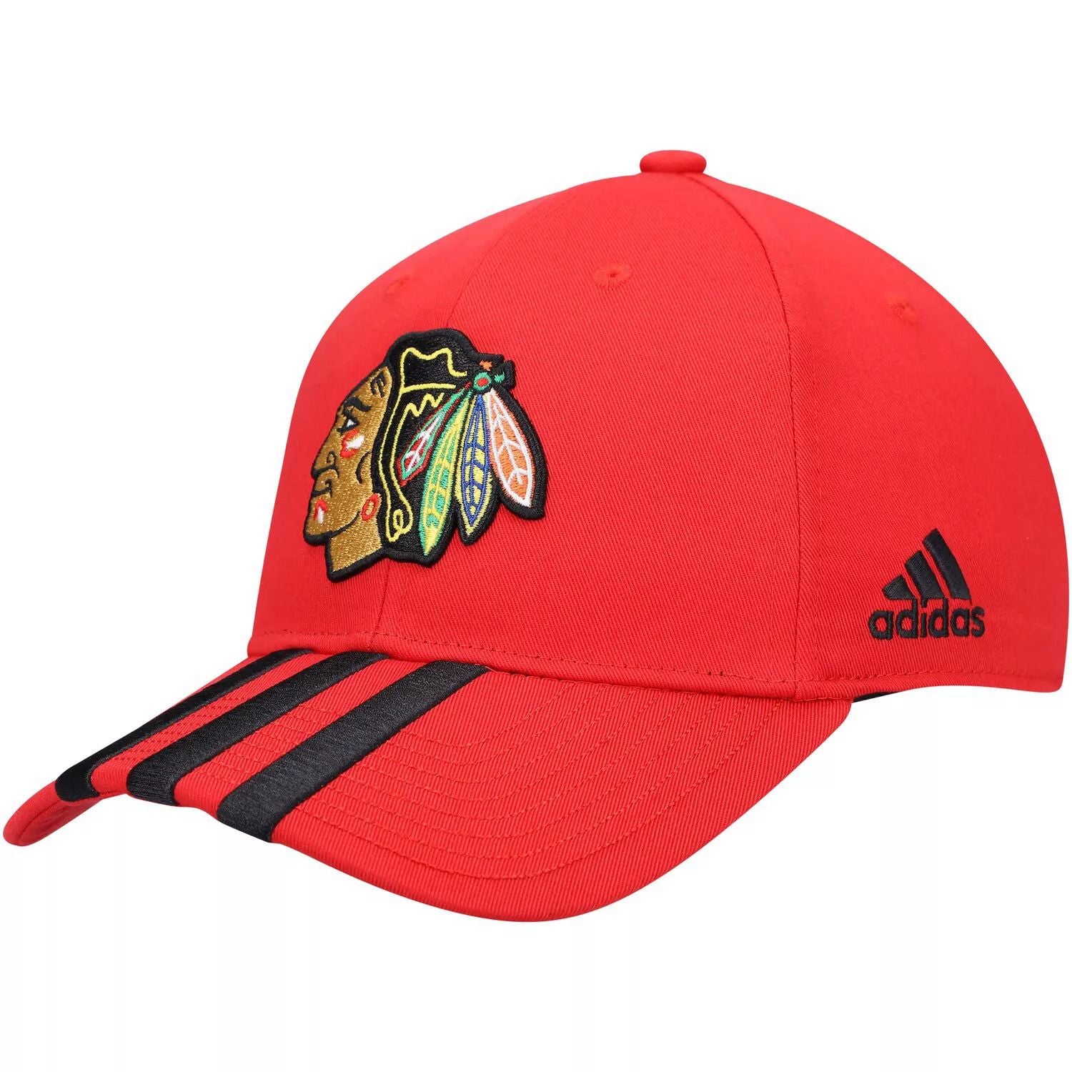 قبعة adidas Red Chicago Blackhawks Locker Room للرجال قابلة للتعديل بثلاثة خطوط