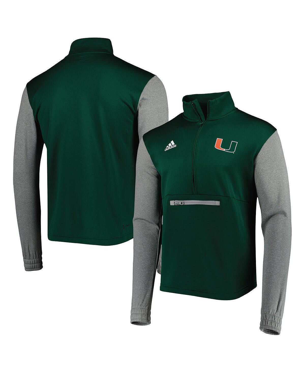 تي شيرت رجالي من adidas Miami Hurricanes Team AEROREADY باللون الأخضر والرمادي بنصف سحاب