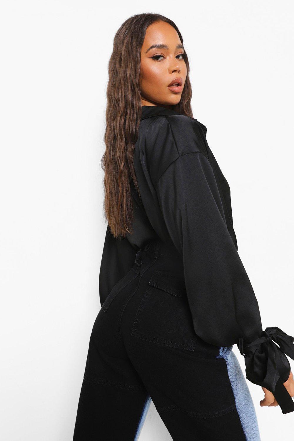 Boohoo Oversized Satin Tie Cuff Shirt, Black