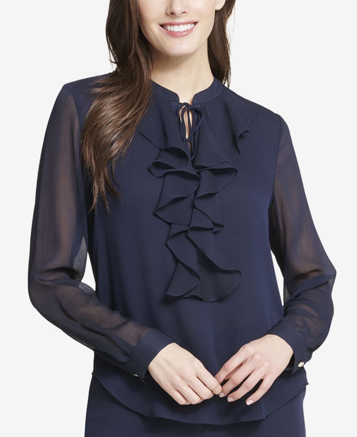 Tommy Hilfiger Women's Ruffle Blouse with Stand Collar, Blue