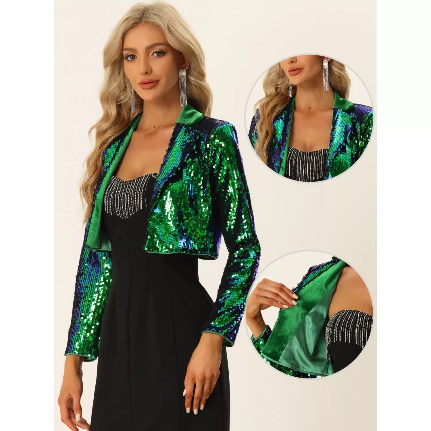 Women's open front jacket with shiny sequins notched lapels and long sleeves ALLEGRA K, green