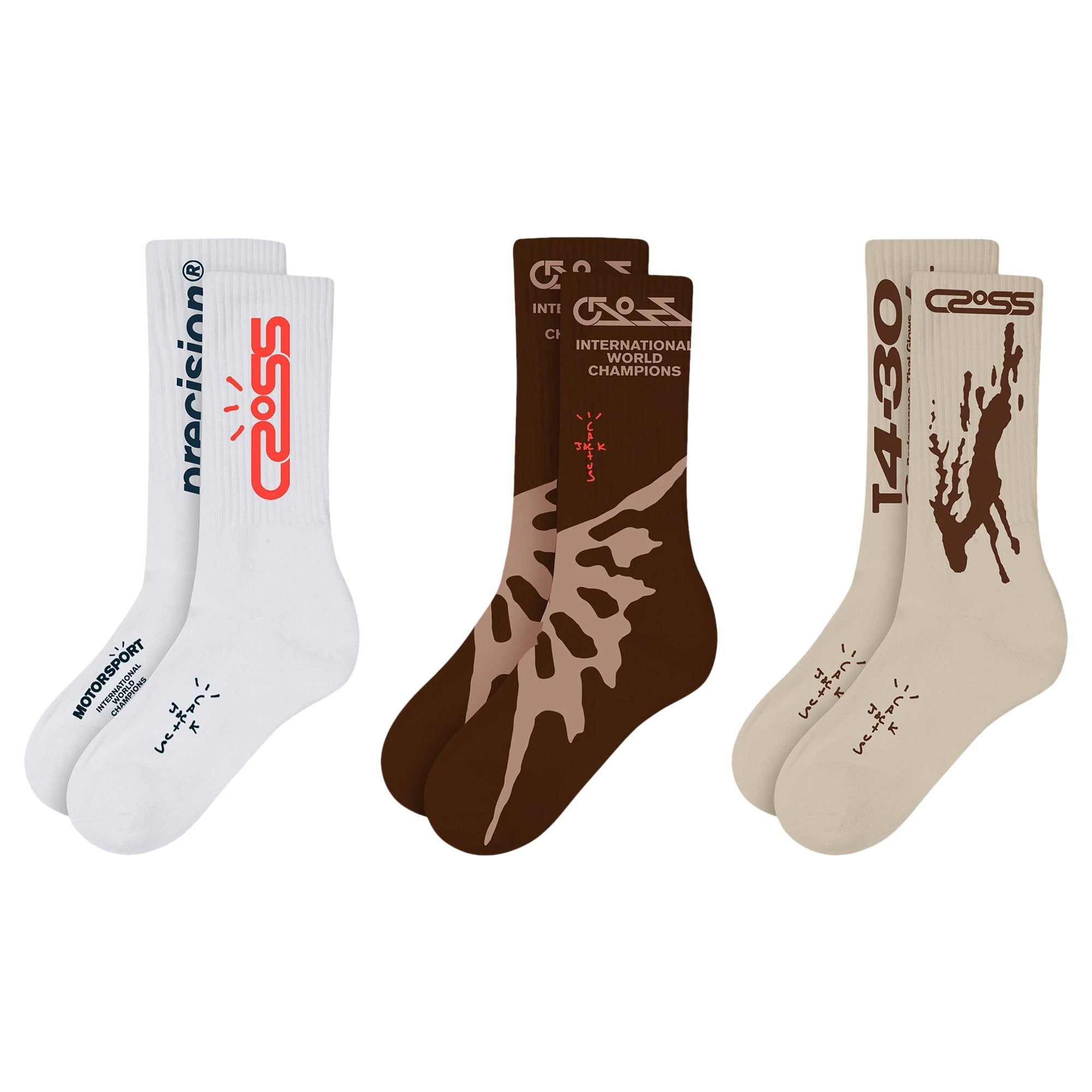 Cactus Jack by Travis Scott Crossover Socks (3 Pieces), White/Brown/Blue