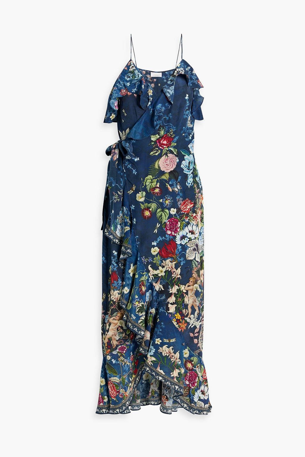 Silk wrap midi dress with ruffles CAMILLA, indigo