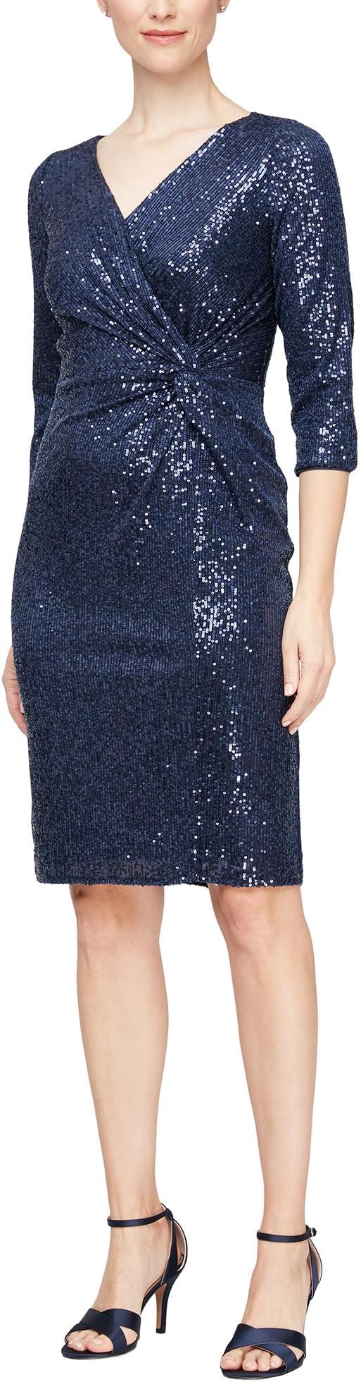 Short sequin sheath dress with tie front and 3/4 sleeves Alex Evenings dark blue