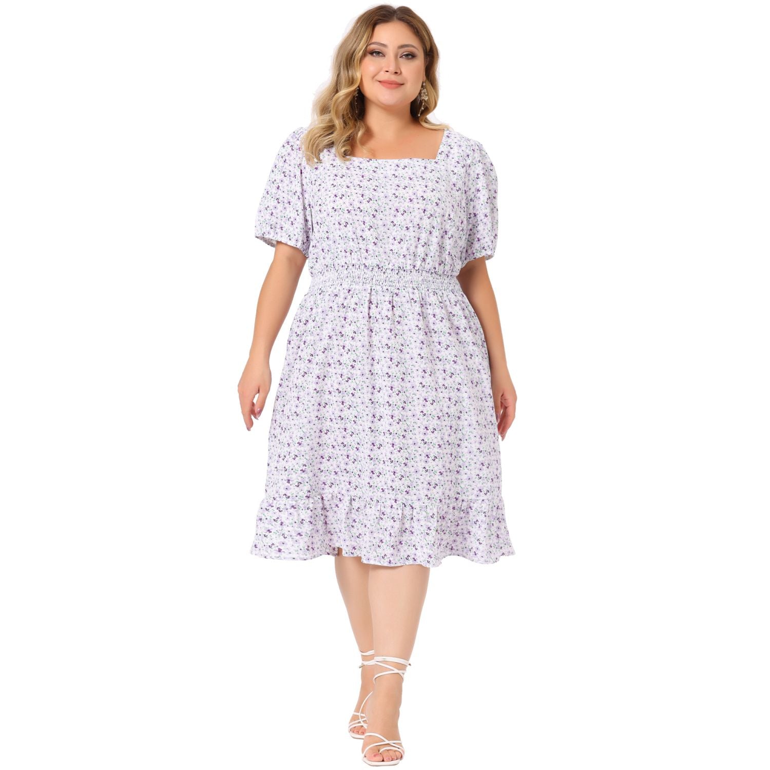 Agnes Orinda Women's Plus Size Ruffle Smocked Waist Floral Midi Shirt Dress ,  violet