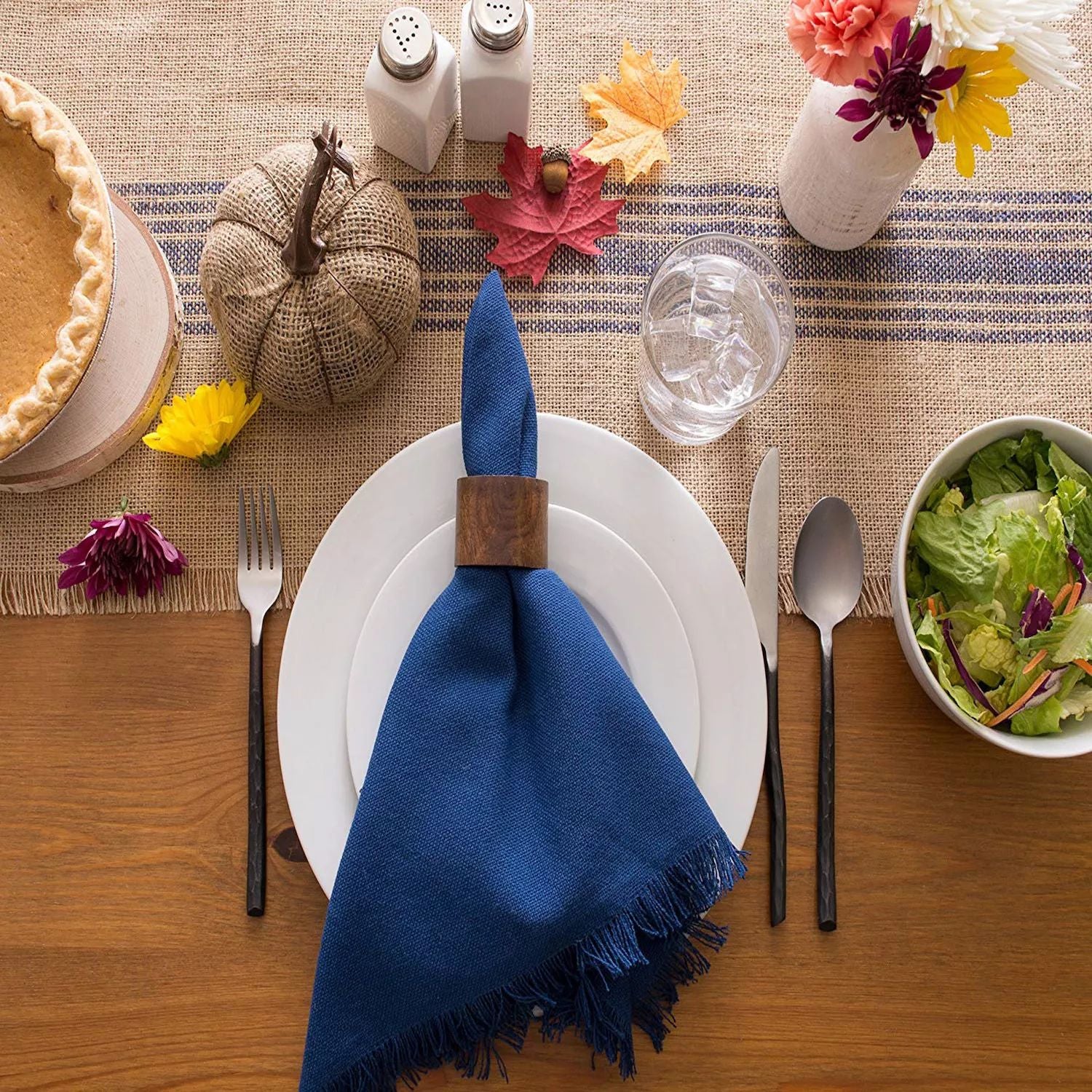 Burlap Table Runner with Border and Brown and French Blue Stripe Measures 14" x 108"