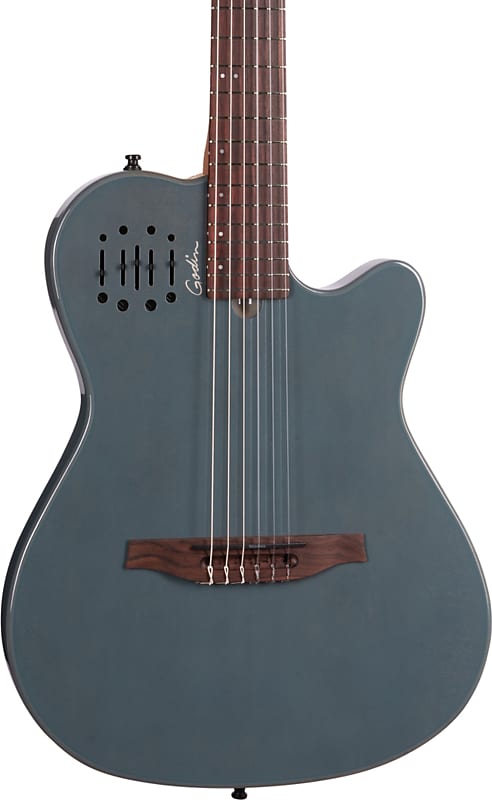 جيتار صوتي Godin Multiac Mundial Hollow Body A/E من النايلون، جيتار Arctik Blue مع حقيبة للحفلات الموسيقية