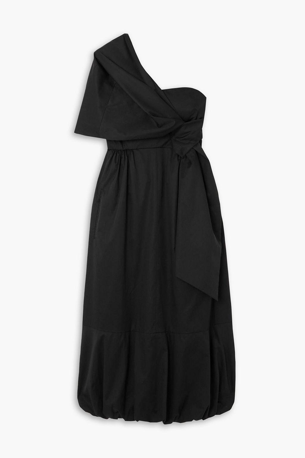 One-shoulder cotton poplin midi dress with draped TIBI, black