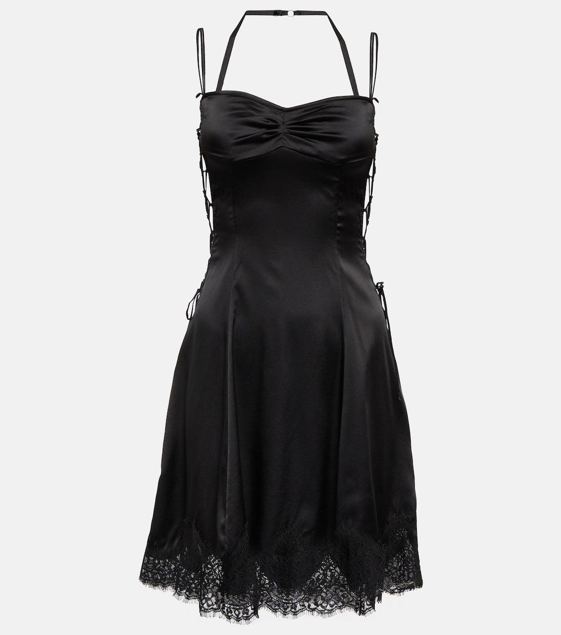 Silk satin mini dress with DIDU lace, black