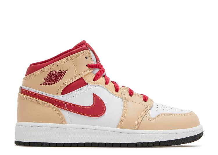 حذاء رياضي AIR JORDAN 1 MID GS 'LIGHT CURRY CARDINAL RED'، باللون الأبيض