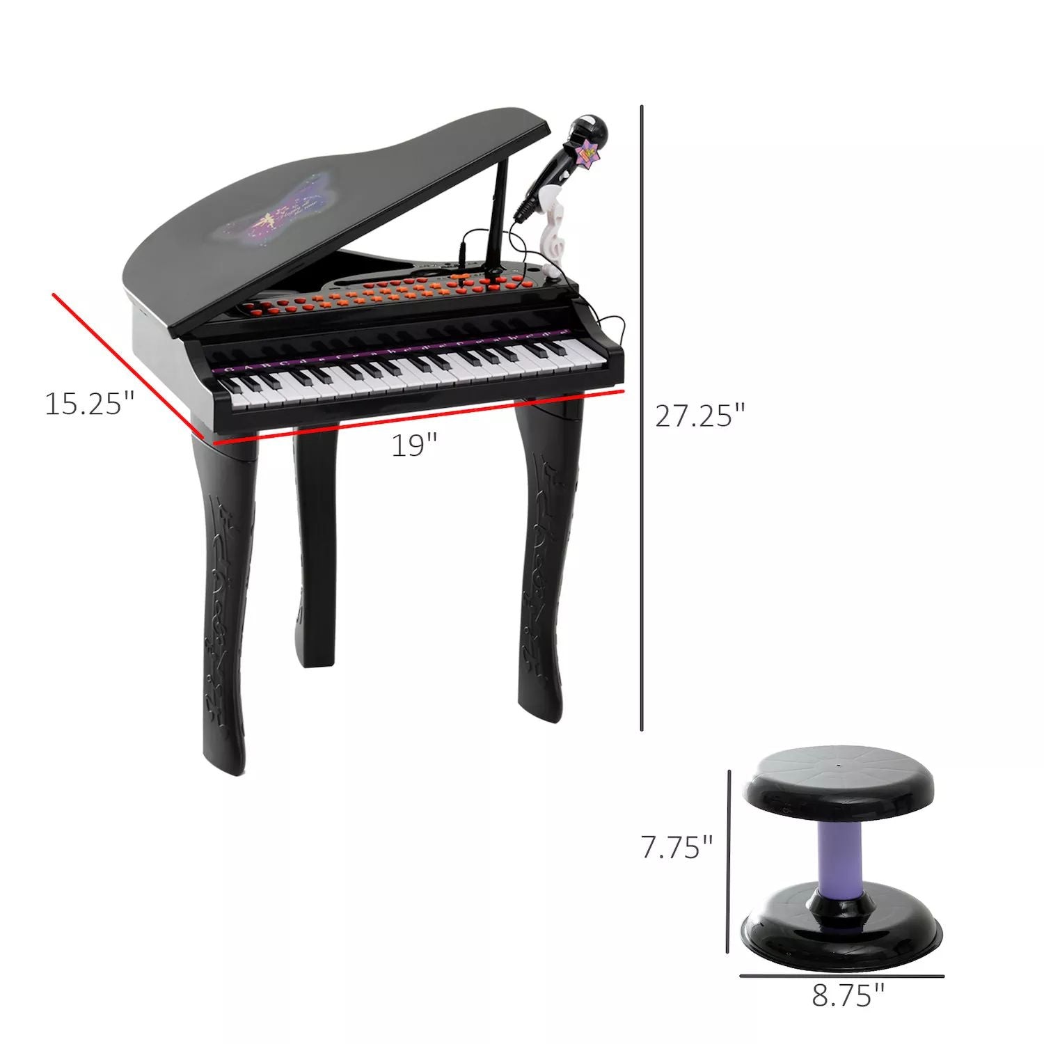 Children's piano Qaba 37 Key, toy keyboard, piano musical electronic instrument, piano with microphone built-in songs in MP3 format and a stool for children from 3 to 9 years old, black Qaba black