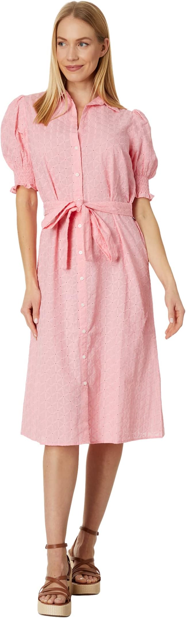 Tommy Hilfiger Eyelet Puff Sleeve Midi Dress in Windmill Eyelet/English Rose