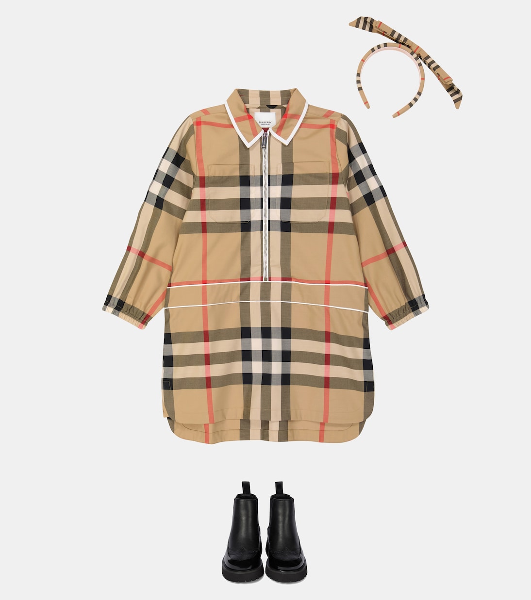 فستان قميص منقوش من Burberry Kids، باللون البيج