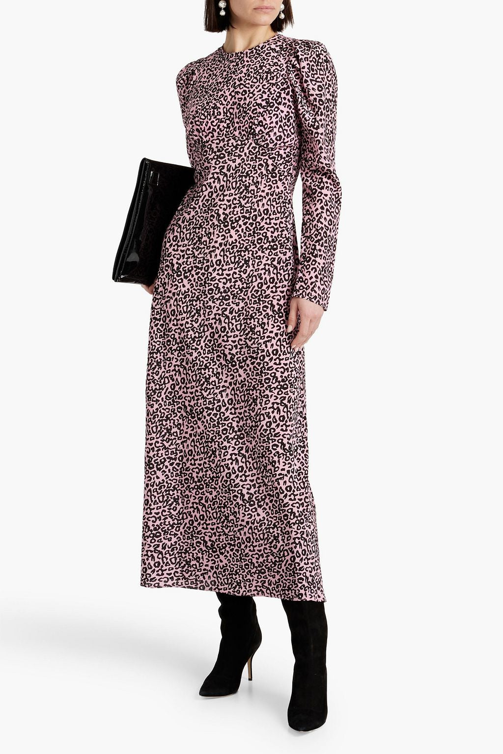 Pleated maxi dress in silk crepe de Chine with leopard print LES RÊVERIES ,  pink