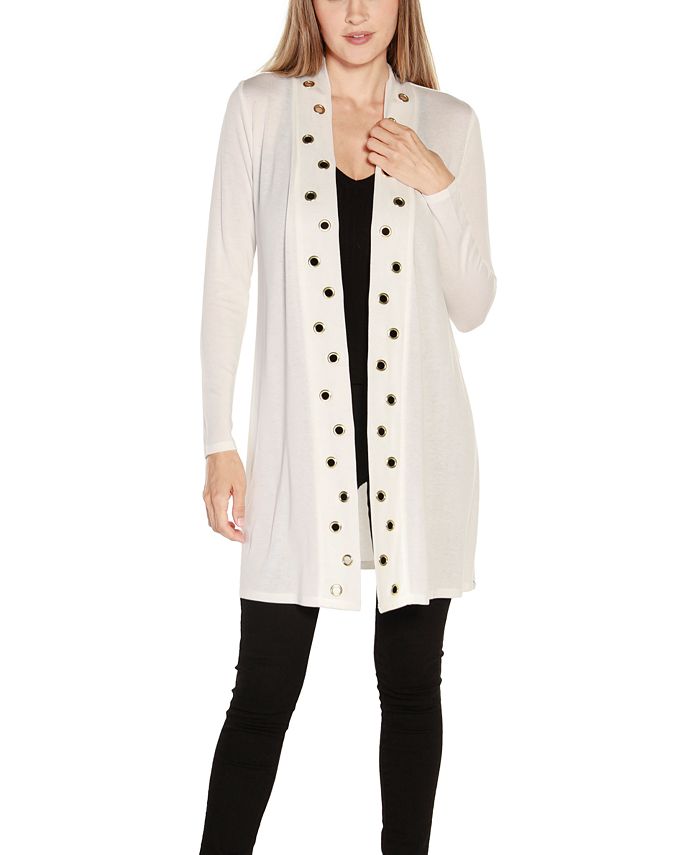 Women's Long Sleeve Cardigan with Belldini Eyelet Trim, White