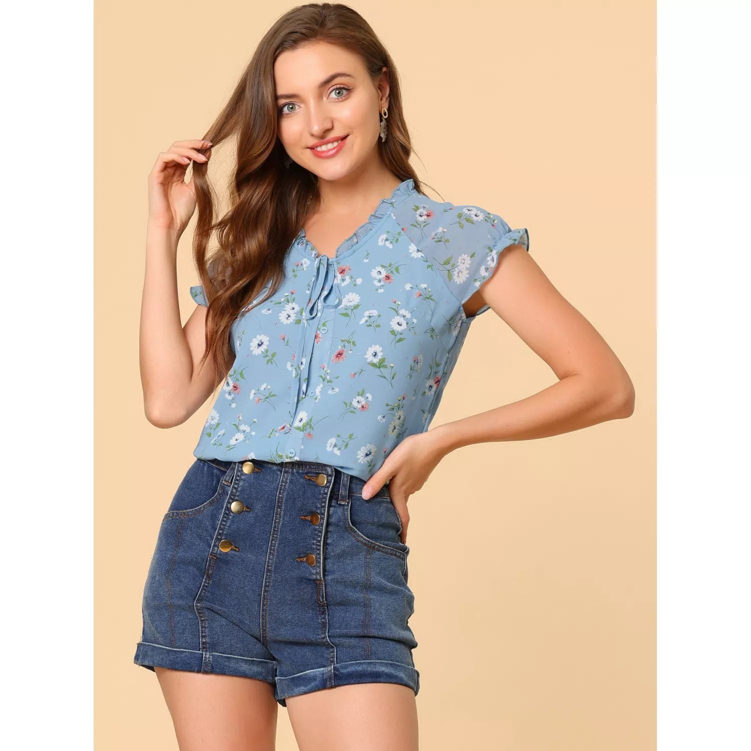 Women's blouse with V-neck, ruffles and floral print short sleeves, chiffon tops ALLEGRA K, yellow