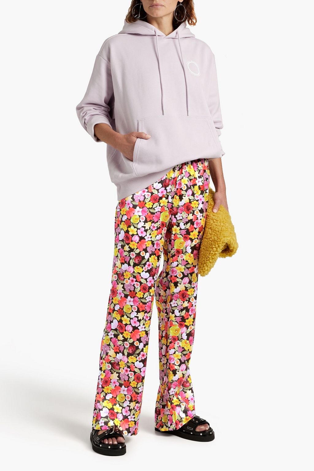 Organic satin pajama pants with floral print GANNI, pink