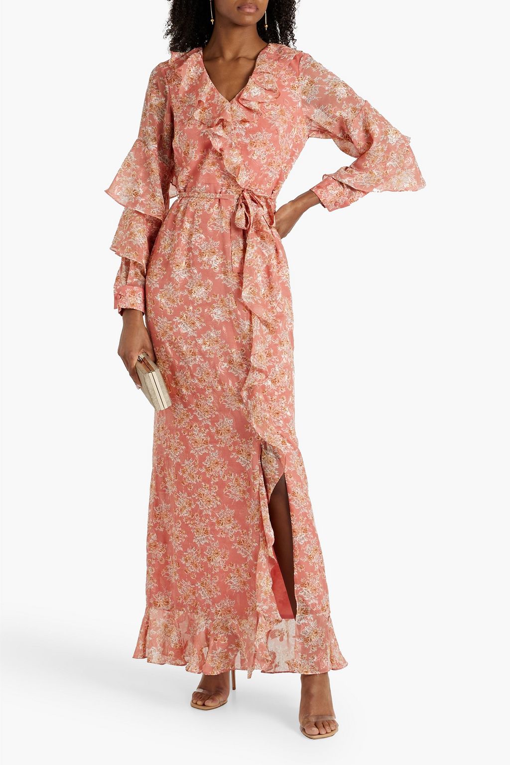 Maxi dress in fil coupe chiffon with floral print and metallic effect MIKAEL AGHAL antique rose