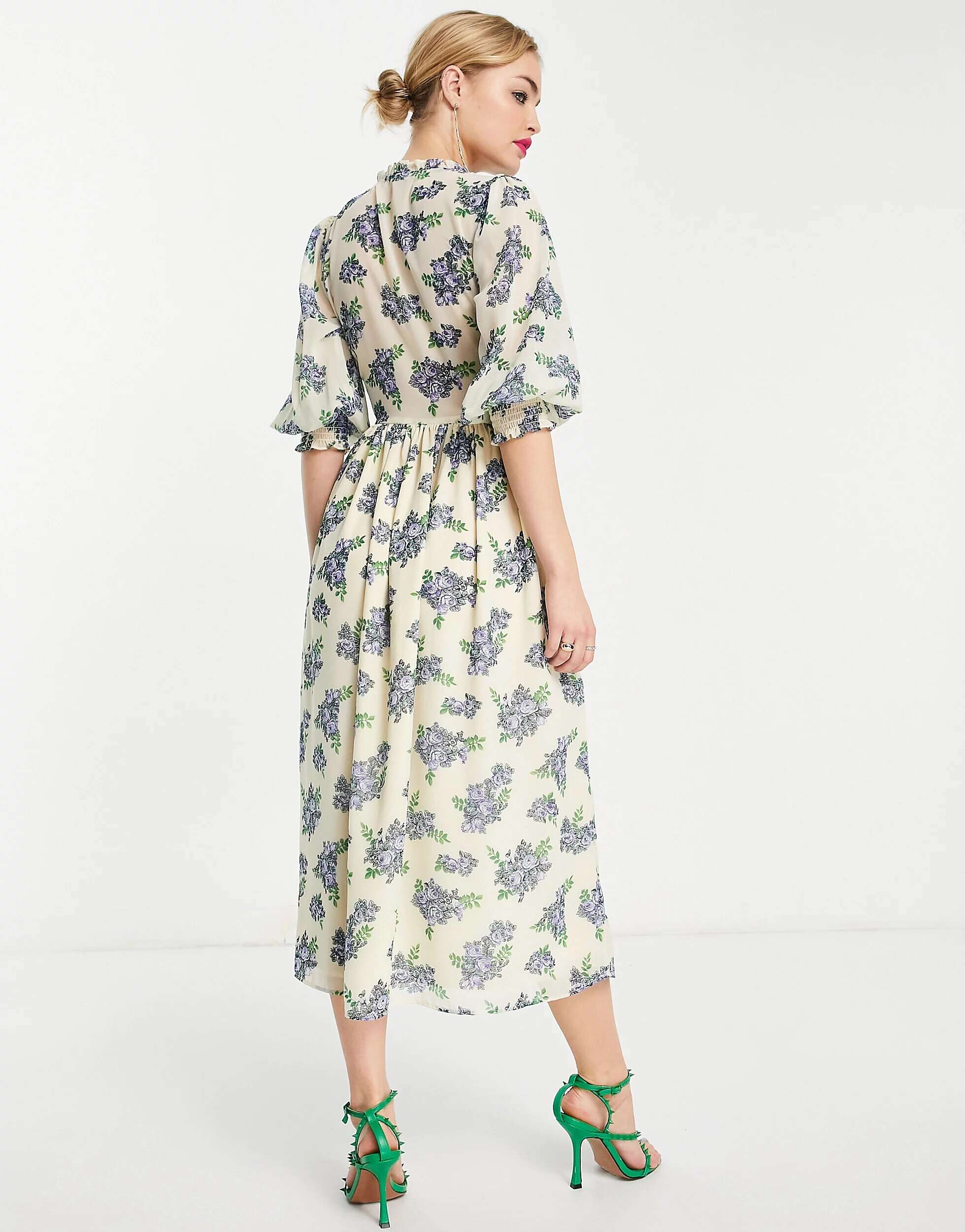 ASOS Shift Cuff Midi Dress in White Floral Base