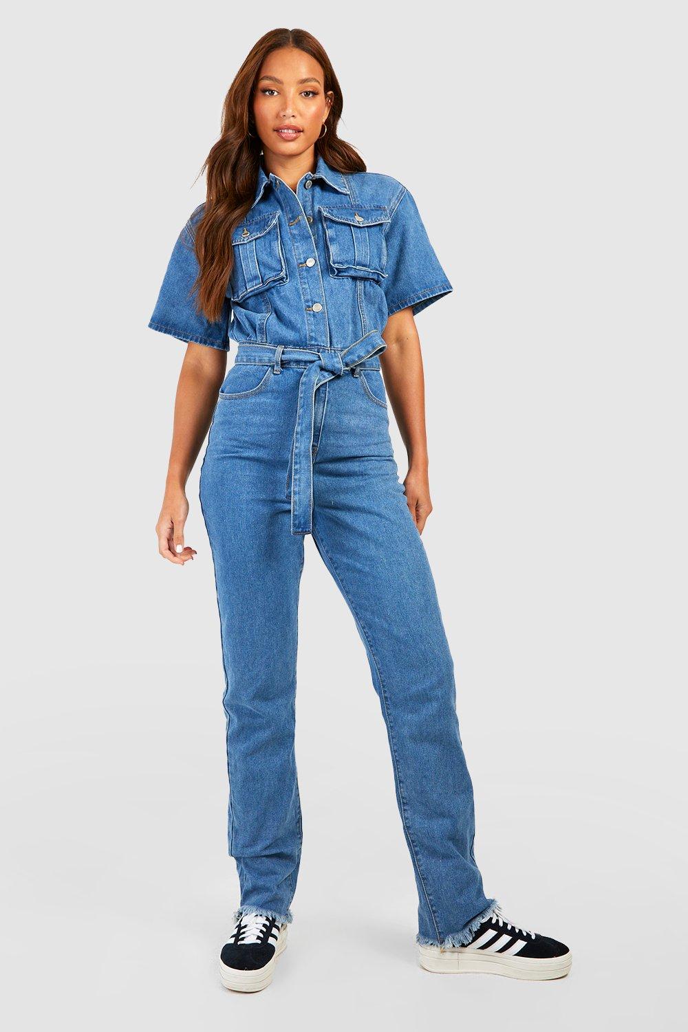 Boohoo Short Sleeve Belted Denim Cargo Overalls, Blue