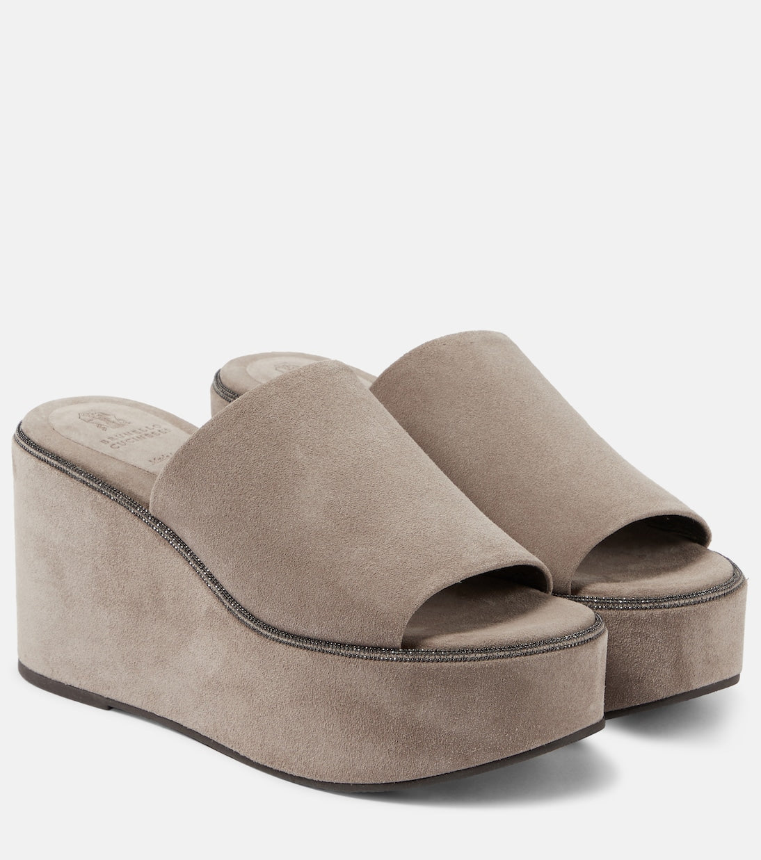 Brunello Cucinelli Suede Platform Slides, Beige