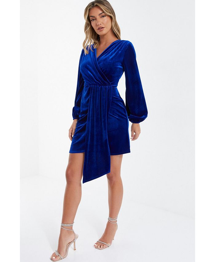 Women's velvet bodycon wrap dress with belt QUIZ, blue