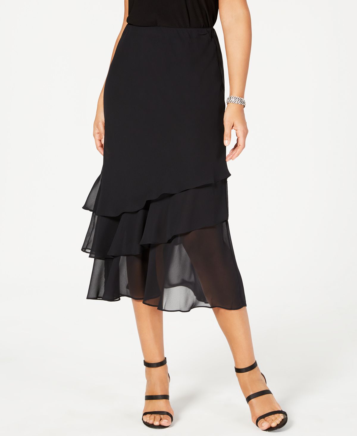 Skirt, multi-tiered chiffon midi Alex Evenings, black