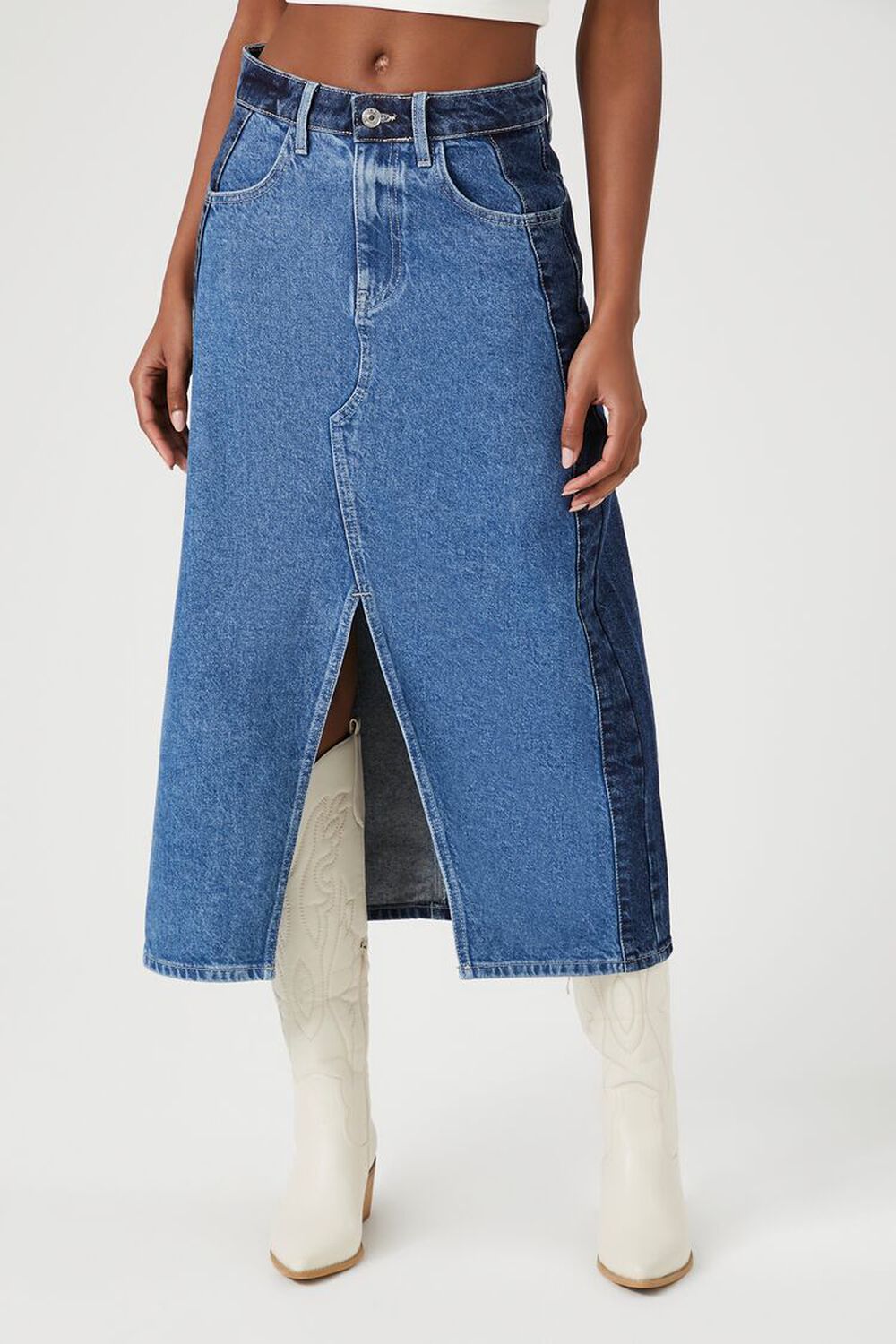 Forever 21 Color Block Denim Midi Skirt, Denim