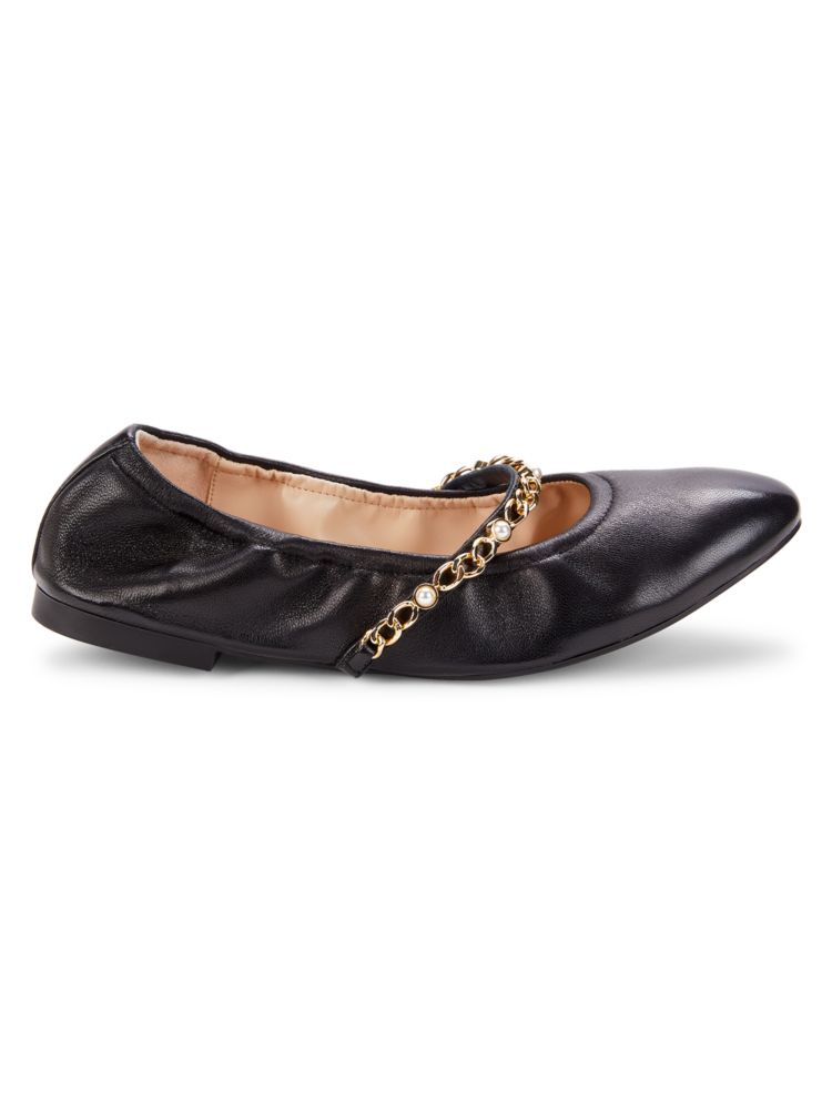 Stuart Weitzman Leather Ballet Shoes with Faux Pearls, Black