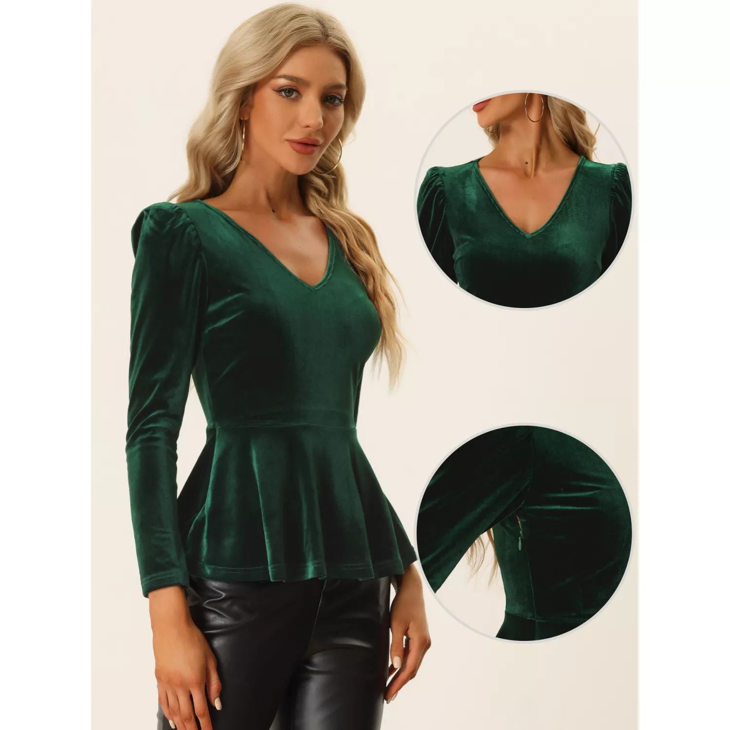 Velvet blouse for women elegant peplum top with long sleeves and V-neck ALLEGRA K