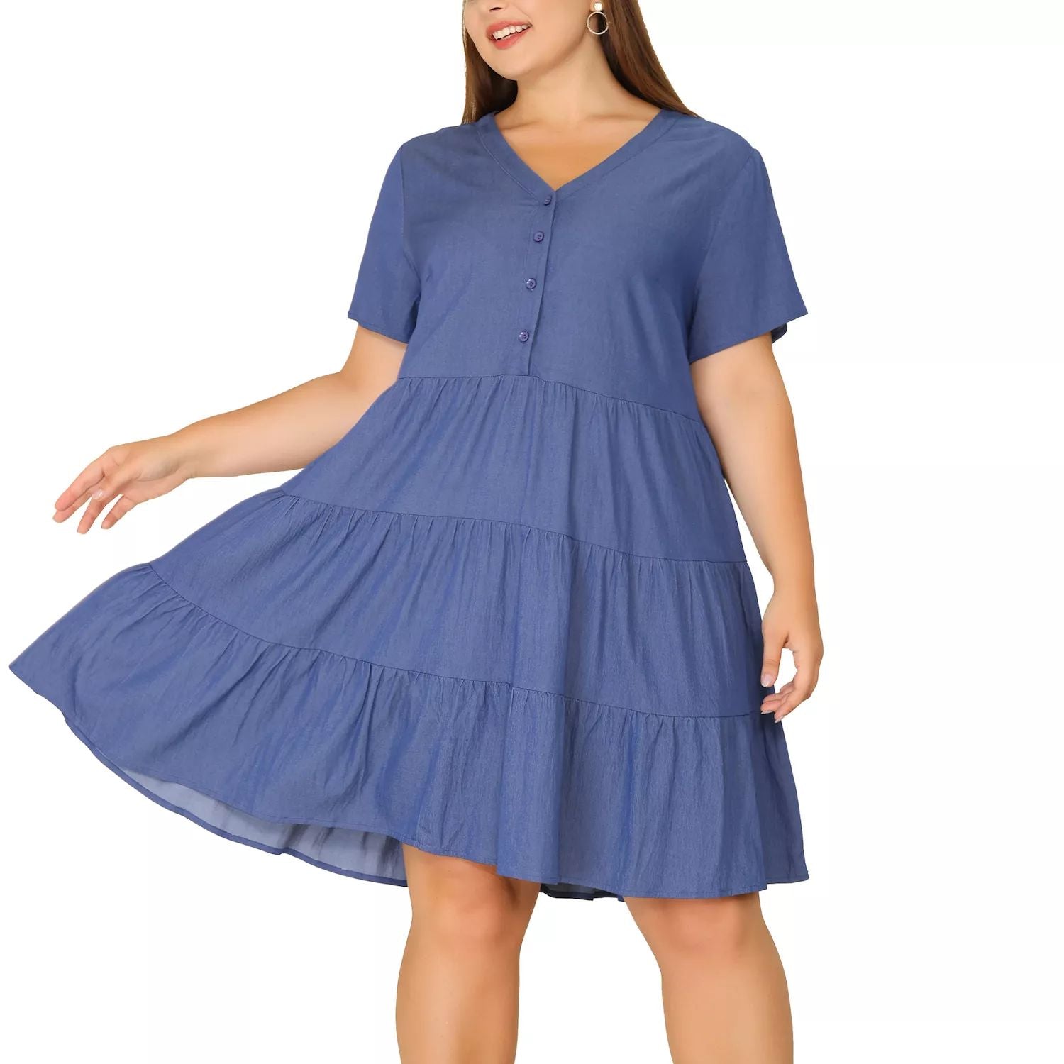 Agnes Orinda Women's Denim Tiered Chambray Midi Dress Plus Size Short Sleeve ,  blue