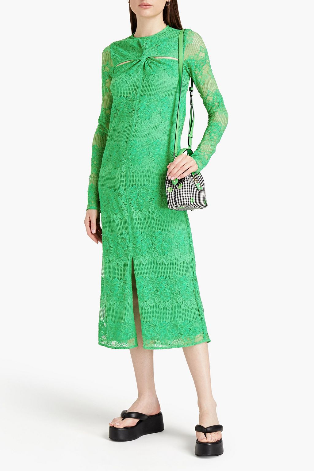 Twisted lace midi dress with cutout GANNI, green