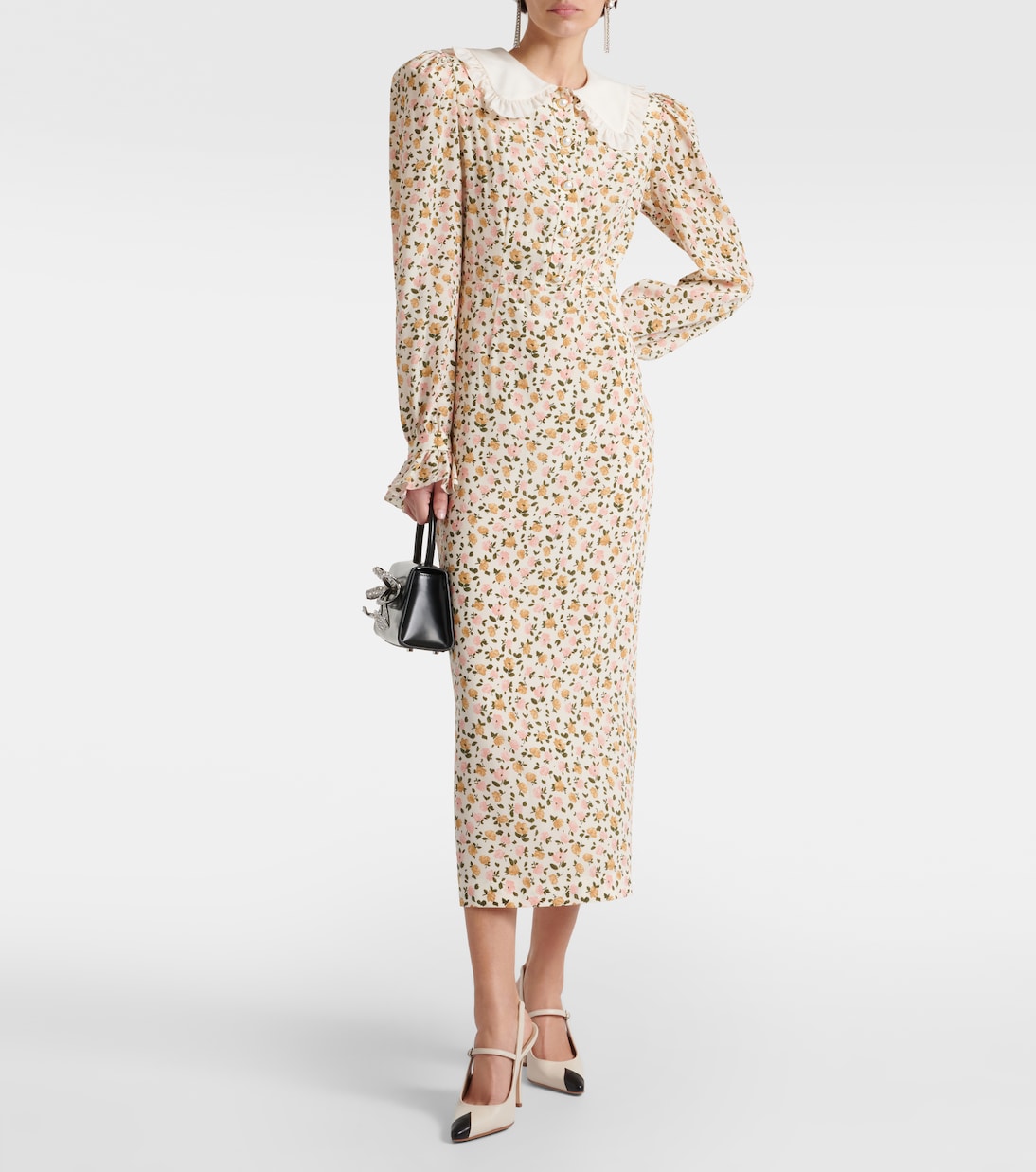 Alessandra Rich silk midi dress with floral print, multicolor