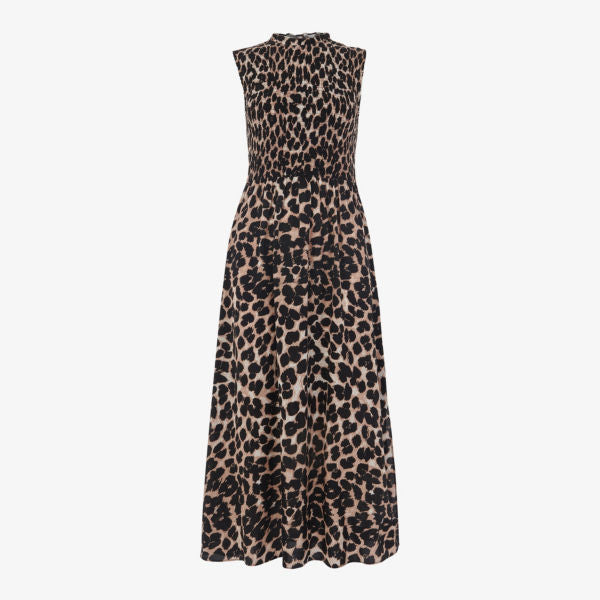 Whistles Leopard Print Heidi Woven Smocked Midi Dress multicolor