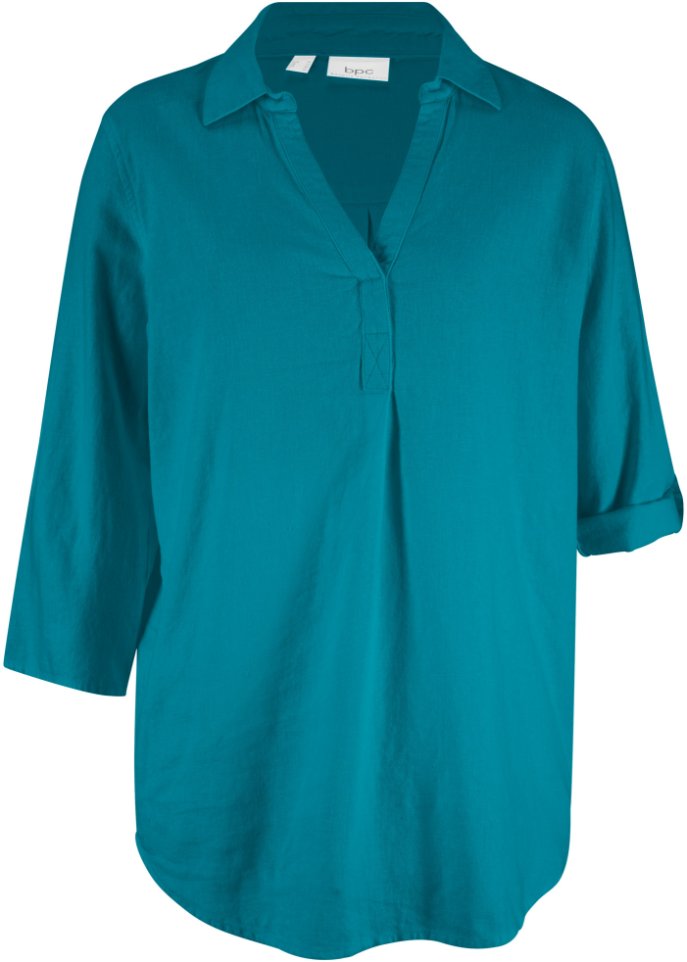 Linen blouse with 3/4 sleeves Bpc Bonprix Collection, turquoise