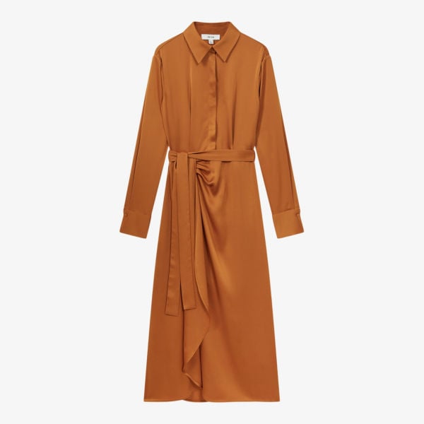 Arabella Satin Midi Shirt Dress with Reiss Draping, rust